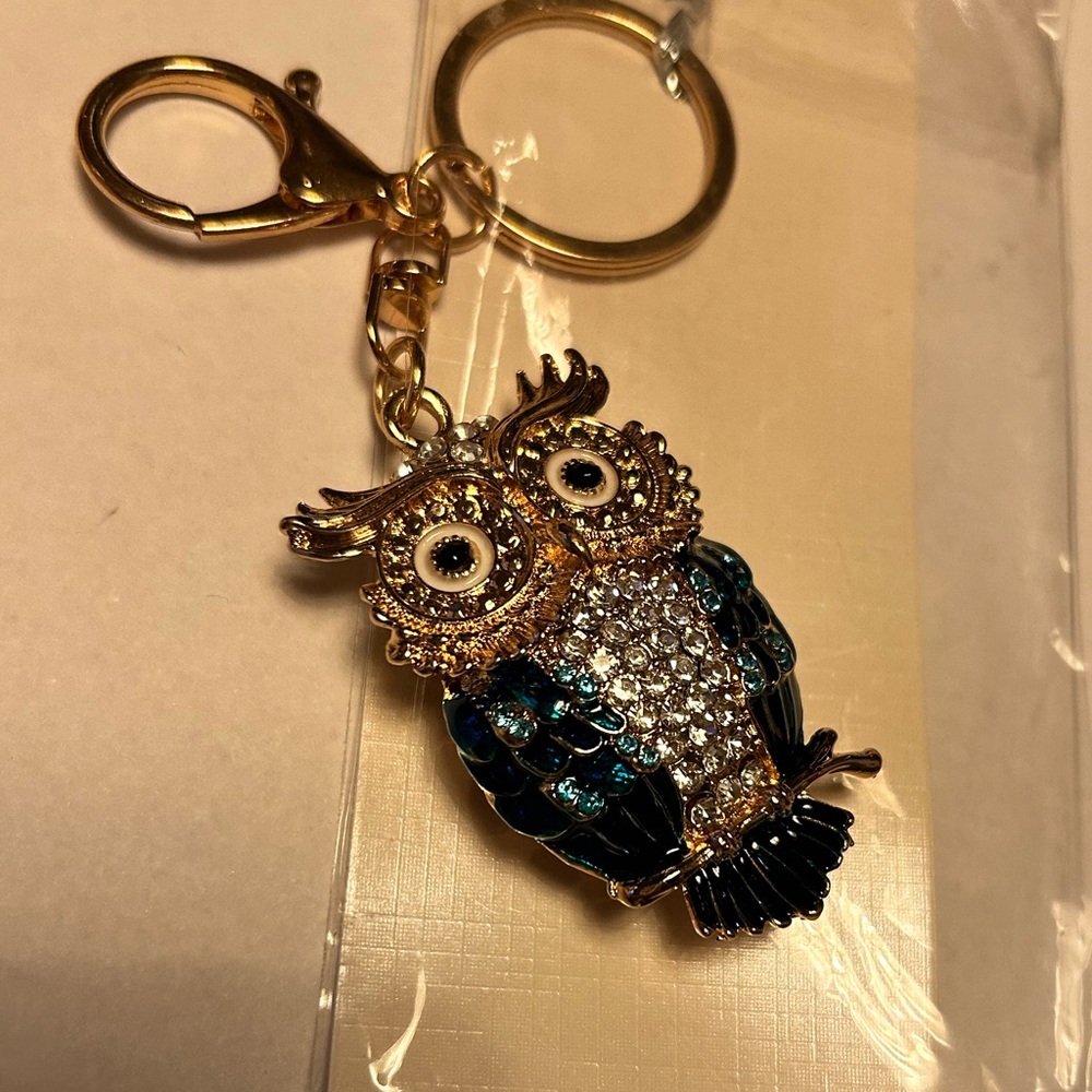 Gold and Blue Owl Crystal Keychain Bagcharm - Picture 1 of 3